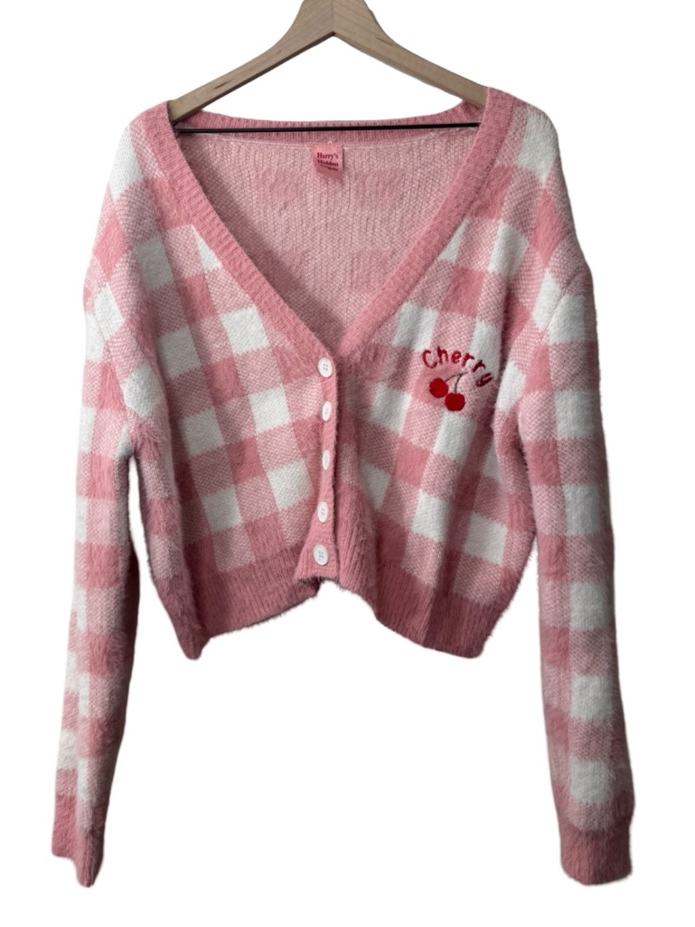 Harry’s Hidden Angels Pink Fuzzy Gingham Cherry Cardigan Size M Cropped